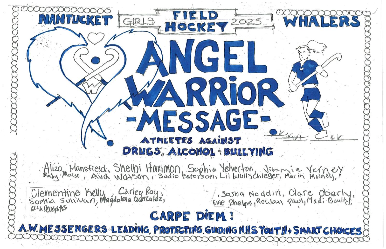 A hand-lettered Angel Warrior Message poster signed by the 2025 Nantucket girls field hockey team